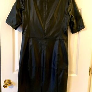 V neck black faux leather fitted midi dress
